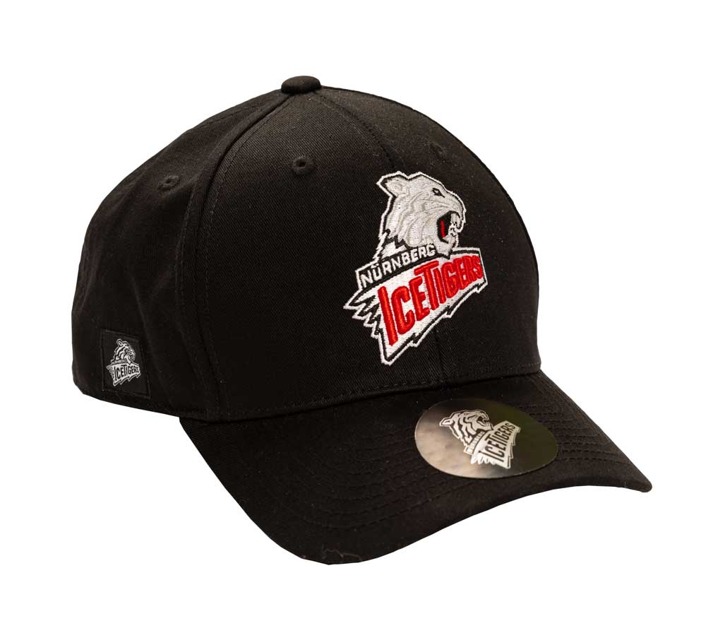 Schwarze Cap mit Nürnberg Ice Tigers Logo und Aufnäher.